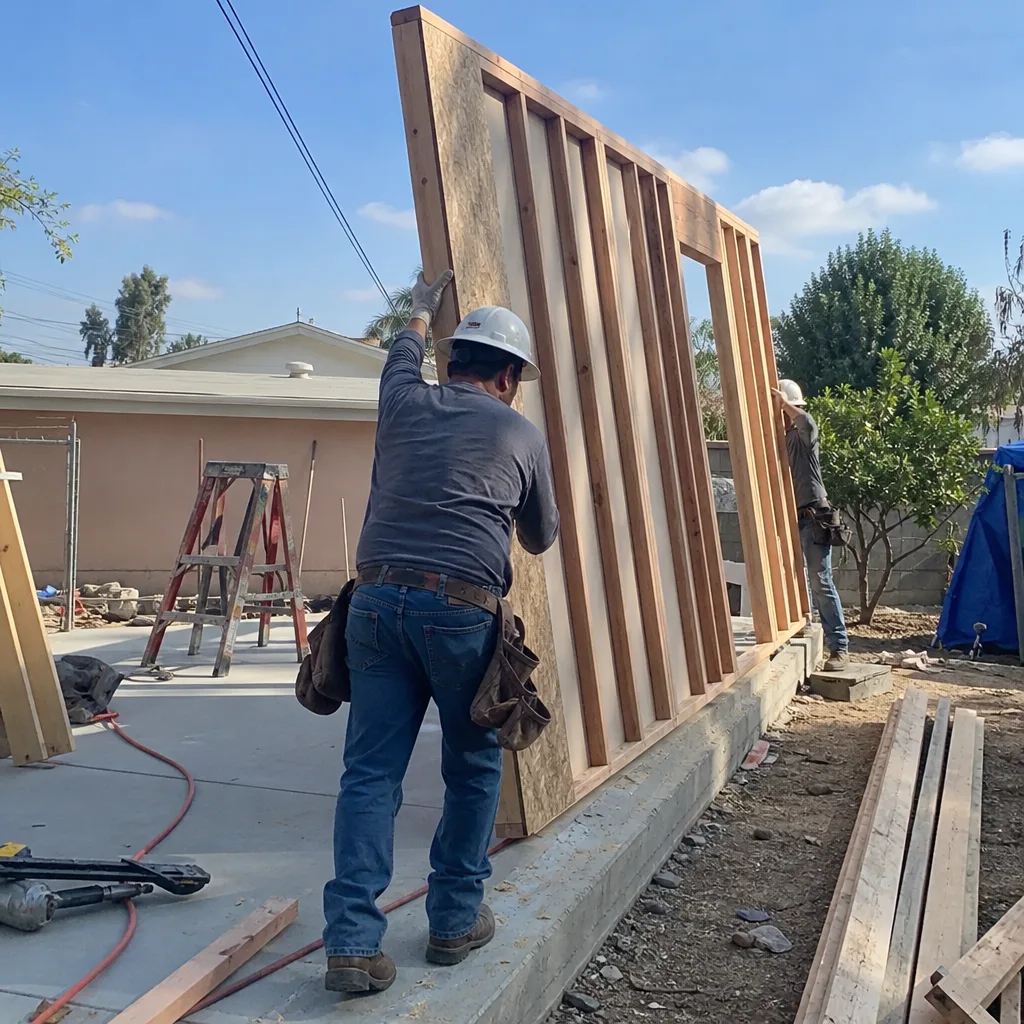 Two construction workers raising a wooden wall frame for an ADU.