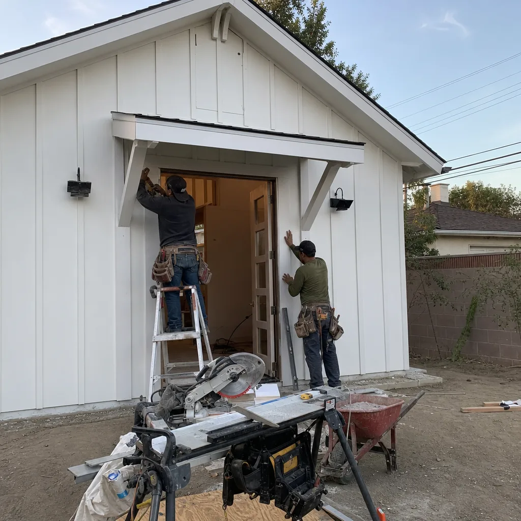 Professional contractors working on a modern white ADU exterior