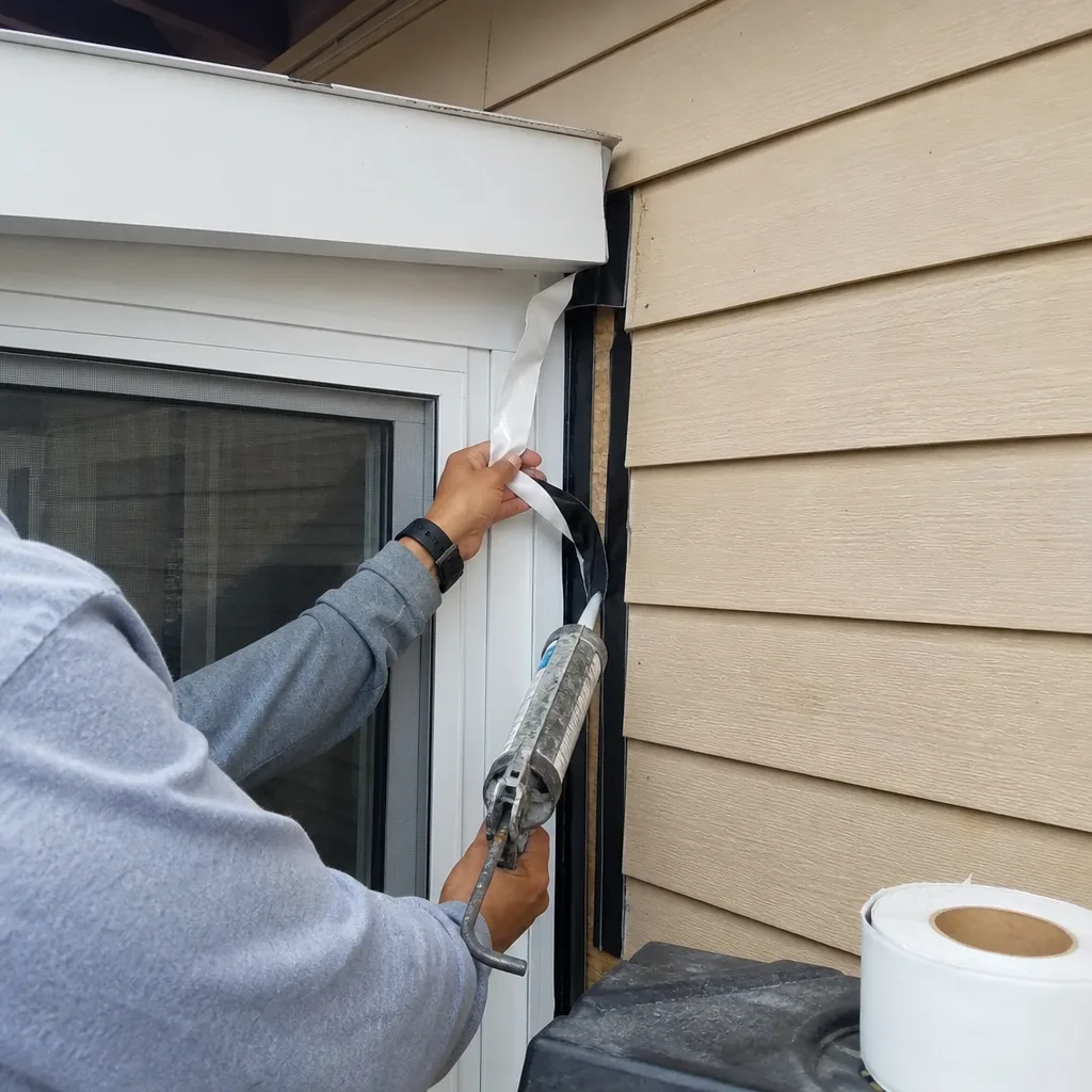 Contractor applying waterproofing flashing tape and sealant to a home addition.