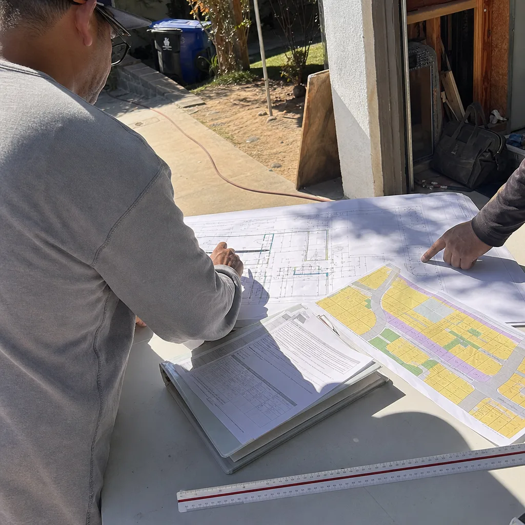 Contractor and client reviewing architectural plans for a home room addition