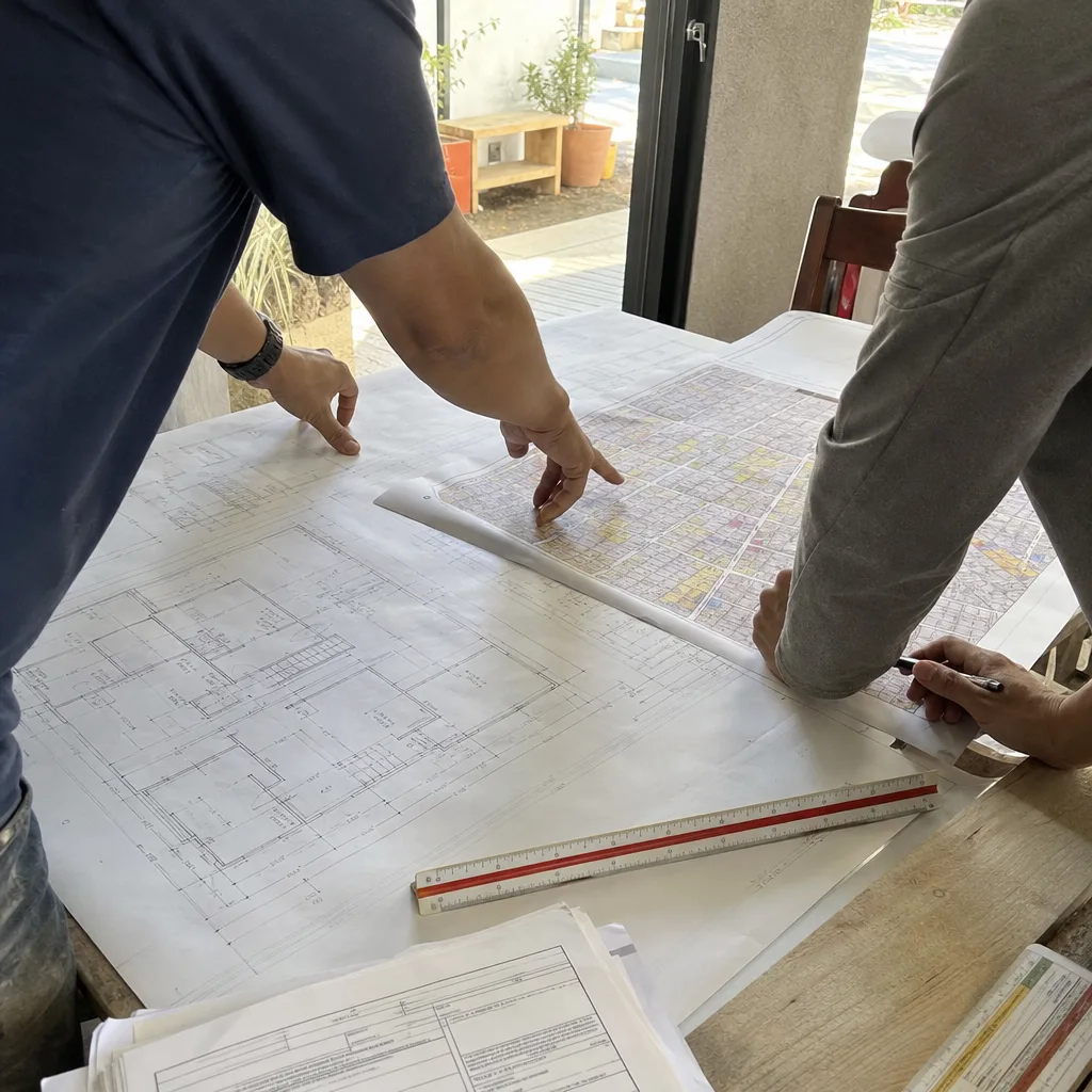 Two contractors reviewing architectural blueprints and site plans for a construction project