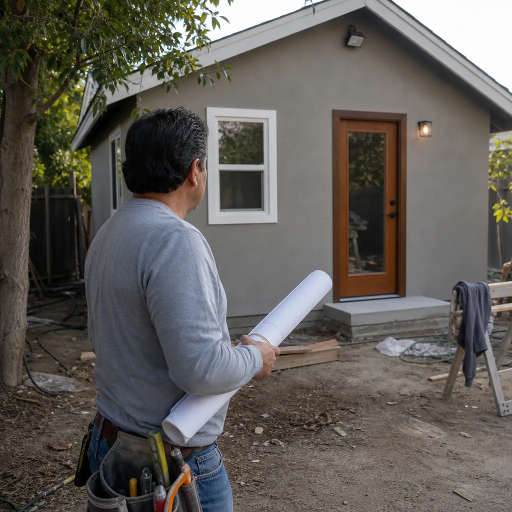 Contractor with blueprints inspecting a newly built backyard ADU