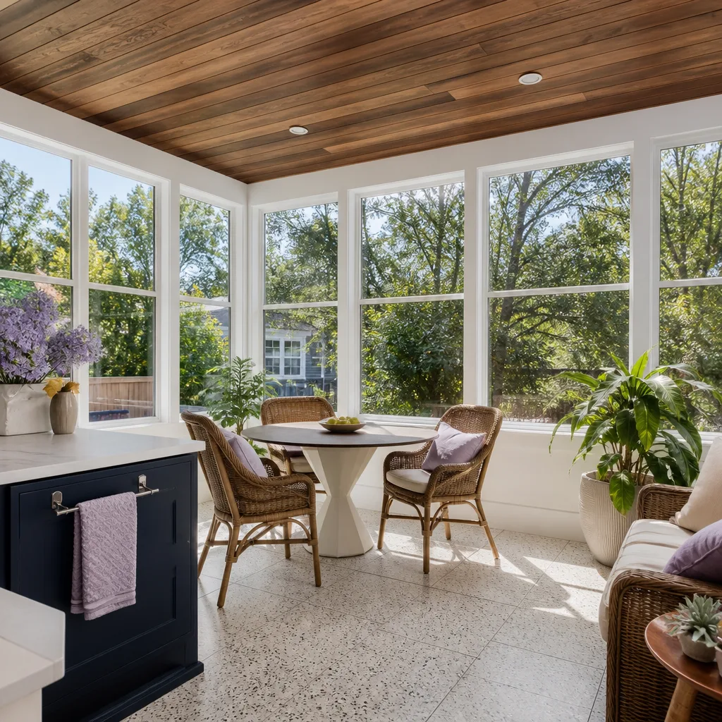 A new sunroom addition with three walls of windows