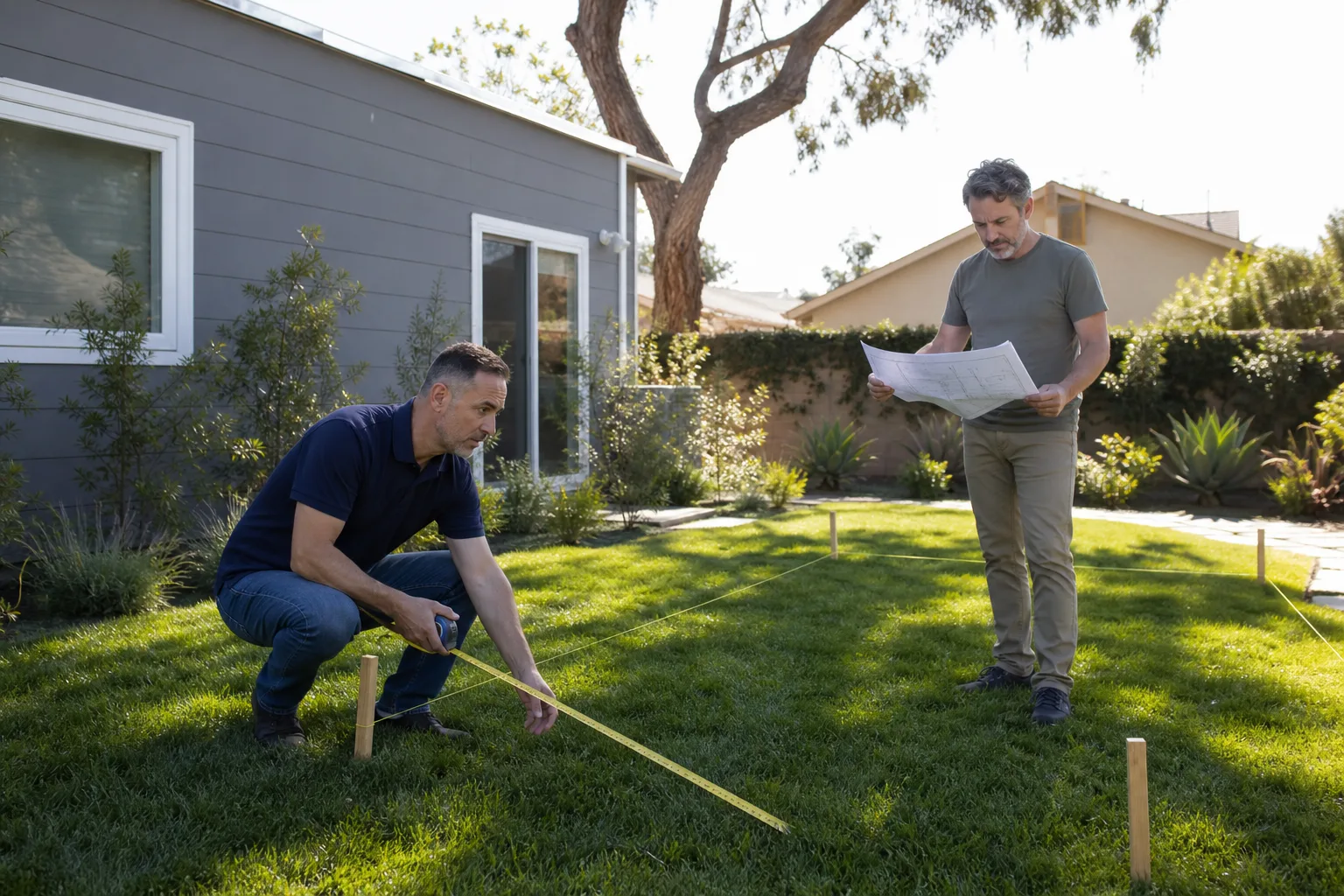 A project lead measuring a backyard ADU site with the homeowner